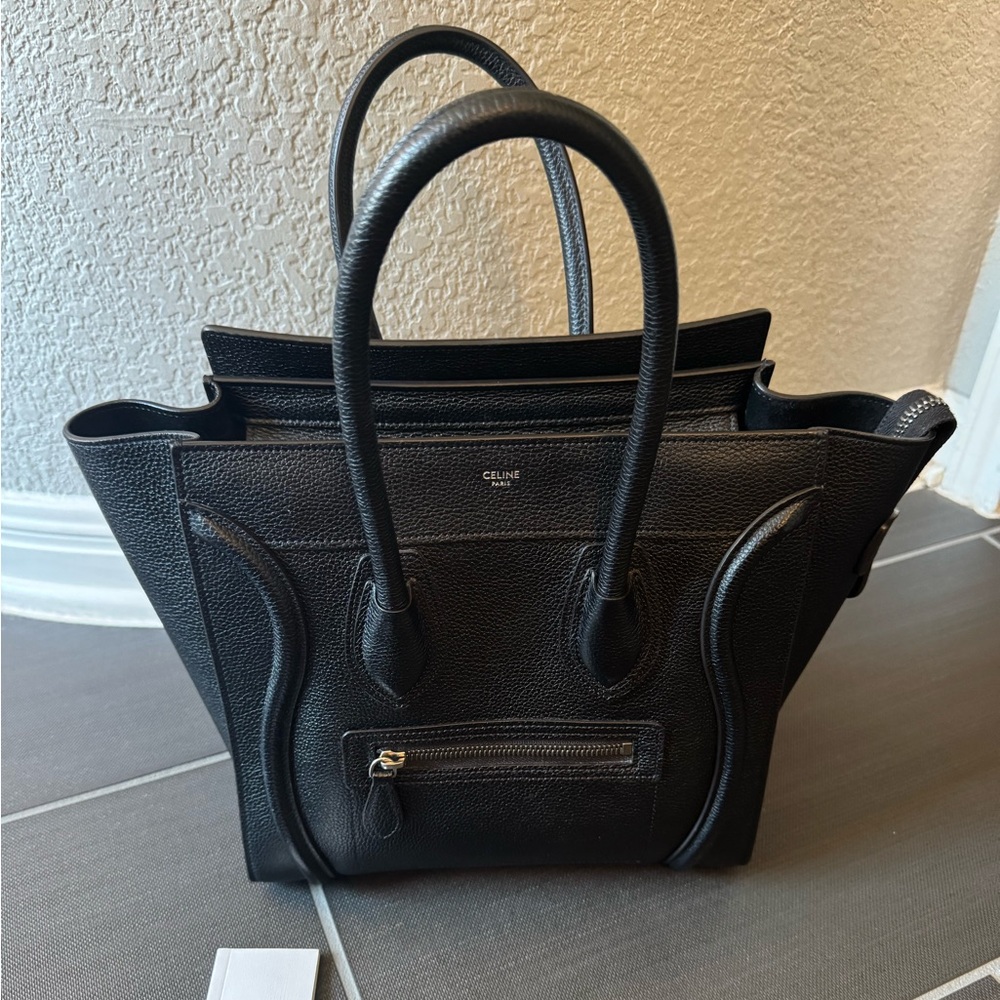 Celine micro luggage handbag in drummed calfskin black